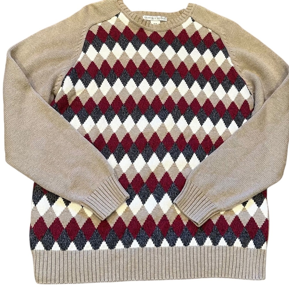 Geoffrey Beene Sweater Mens Medium Tan Excellent Argyle Academia Retro Dadcore